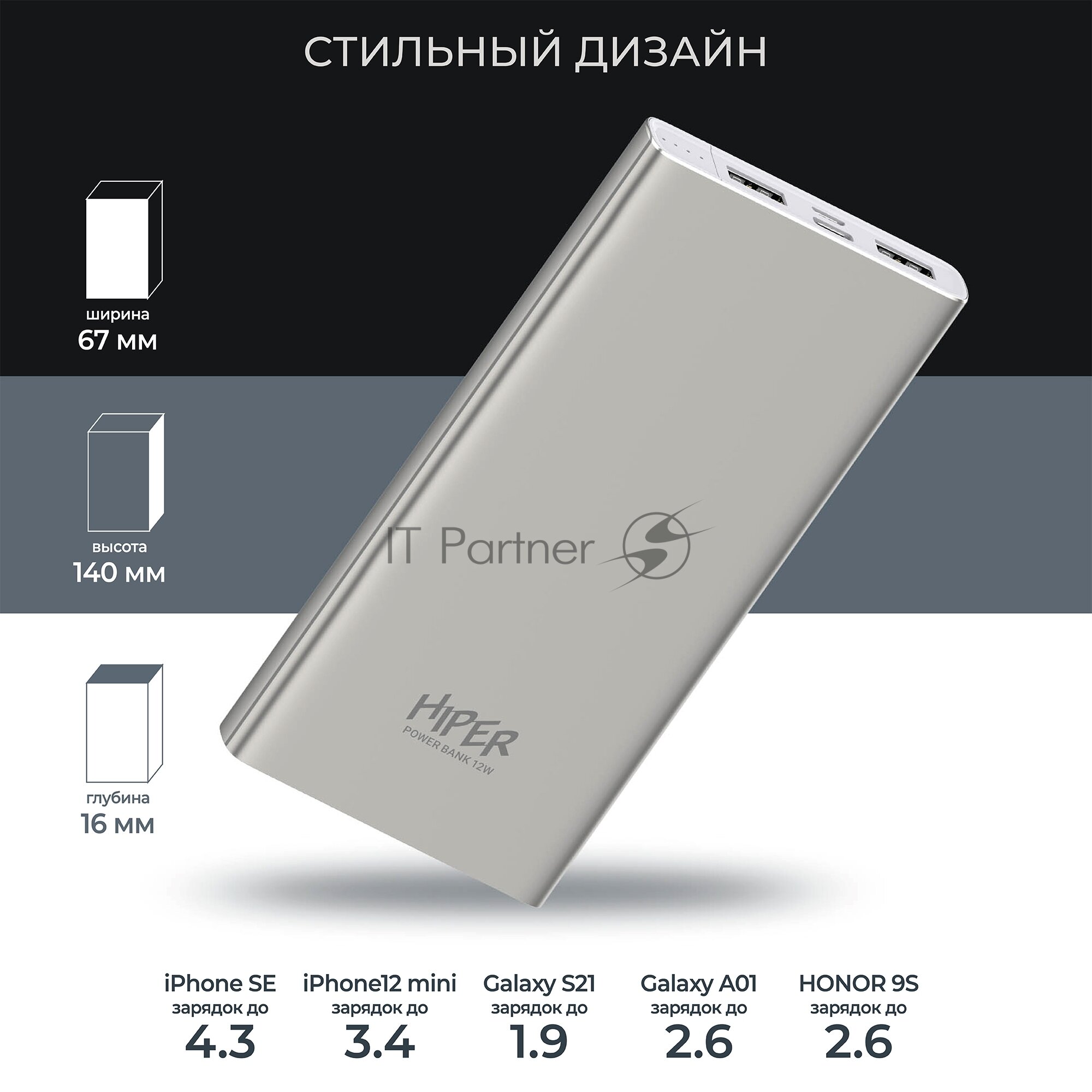 Внешний аккумулятор Hiper Metal 10K 10000mAh 2.4A 2xUSB серебристый (METAL 10K SILVER) - фото №18