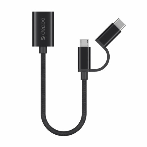 OTG адаптер USB - micro USB + USB-C, алюминий, нейлон, 0.15 м, черный, крафт, Deppa 72319-OZ