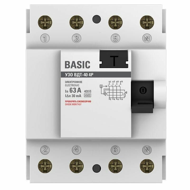 Выключатель дифференциального тока (УЗО) 4п 63А 30мА тип AC Basic электрон. EKF elcb-4-63-30e-sim - фотография № 3