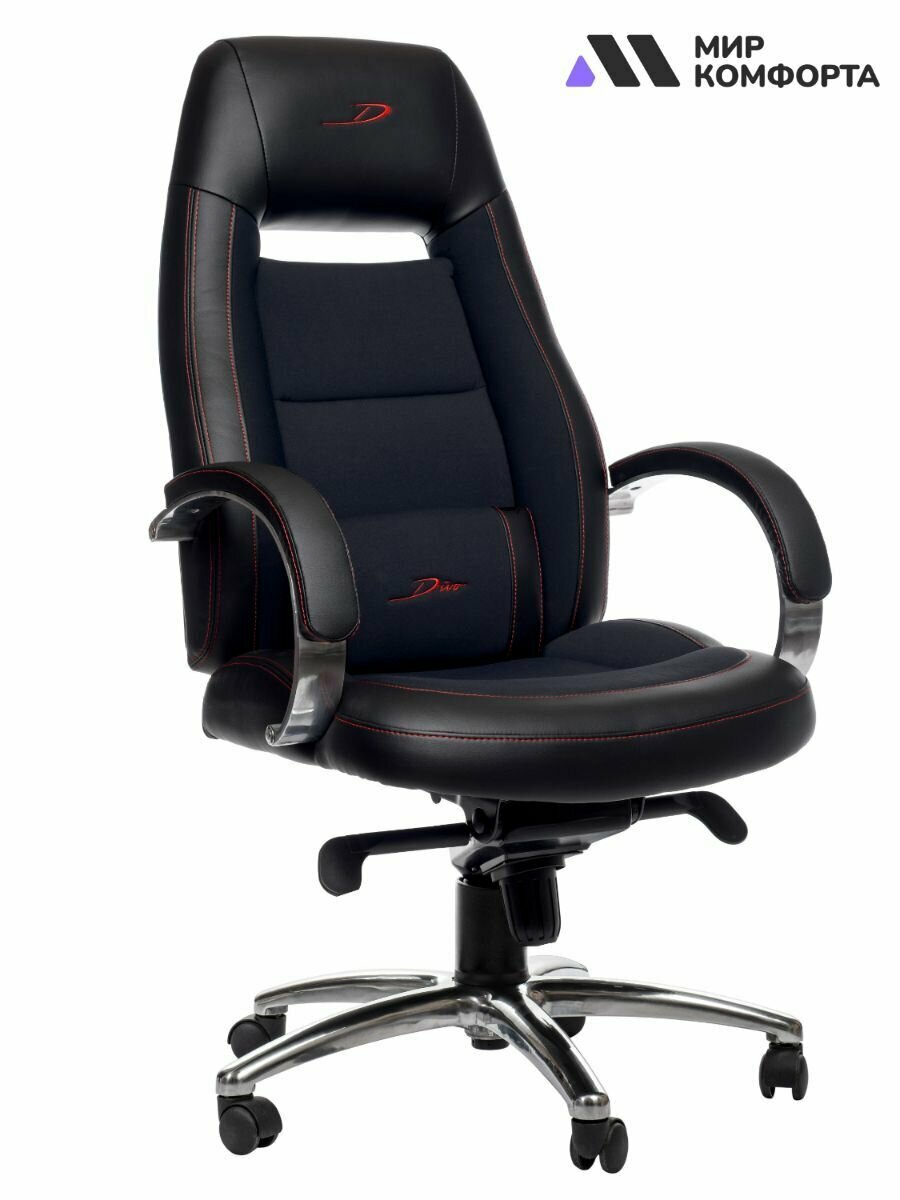 Кресло компьютерное игровое, офисное, геймерский игровой стул Divo М, черный, 1 подушка, экокожа/ткань, крестовина металл