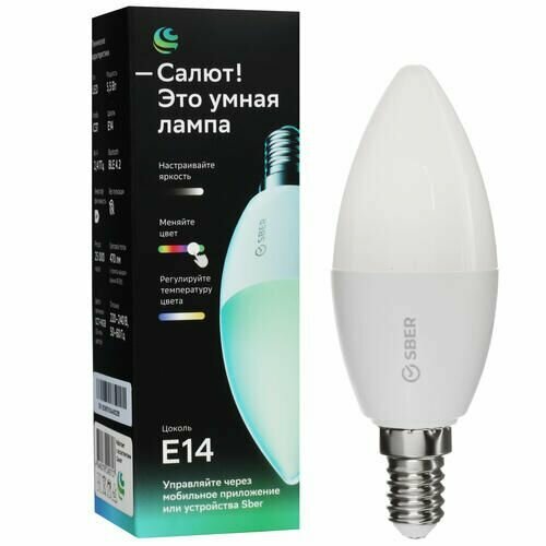 Умная светодиодная лампа SBER C37 RGB SBDV-00117, Wi-Fi, E14, 5.5 Вт, 470 лм, 6500 К, 230 В / 50 Гц