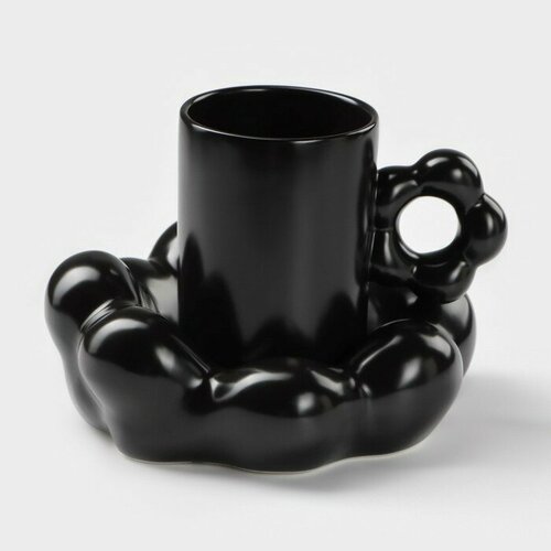 Кофейная пара керамическая SKYPHOS «Ромашка», 2 предмета: кружка 260 мл, блюдце d=17 см, цвет чёрный