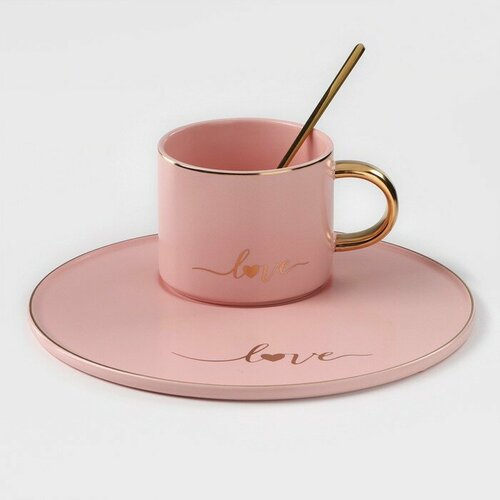 Кофейная пара SKYPHOS «Любовь», керамическая, 3 предмета: кружка 200 мл, блюдце d=20 см, ложка h=14 см, цвет розовый.