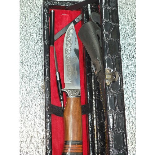 Нож туристический разделочный , охотничий Сокол в чехле ножнах и подарочный черный кожаный футляр , ручка нож в подарок