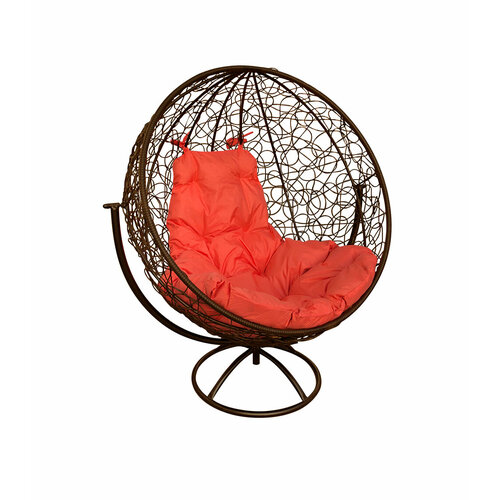 Вращающееся кресло круг с ротангом коричневое, оранжевая подушка