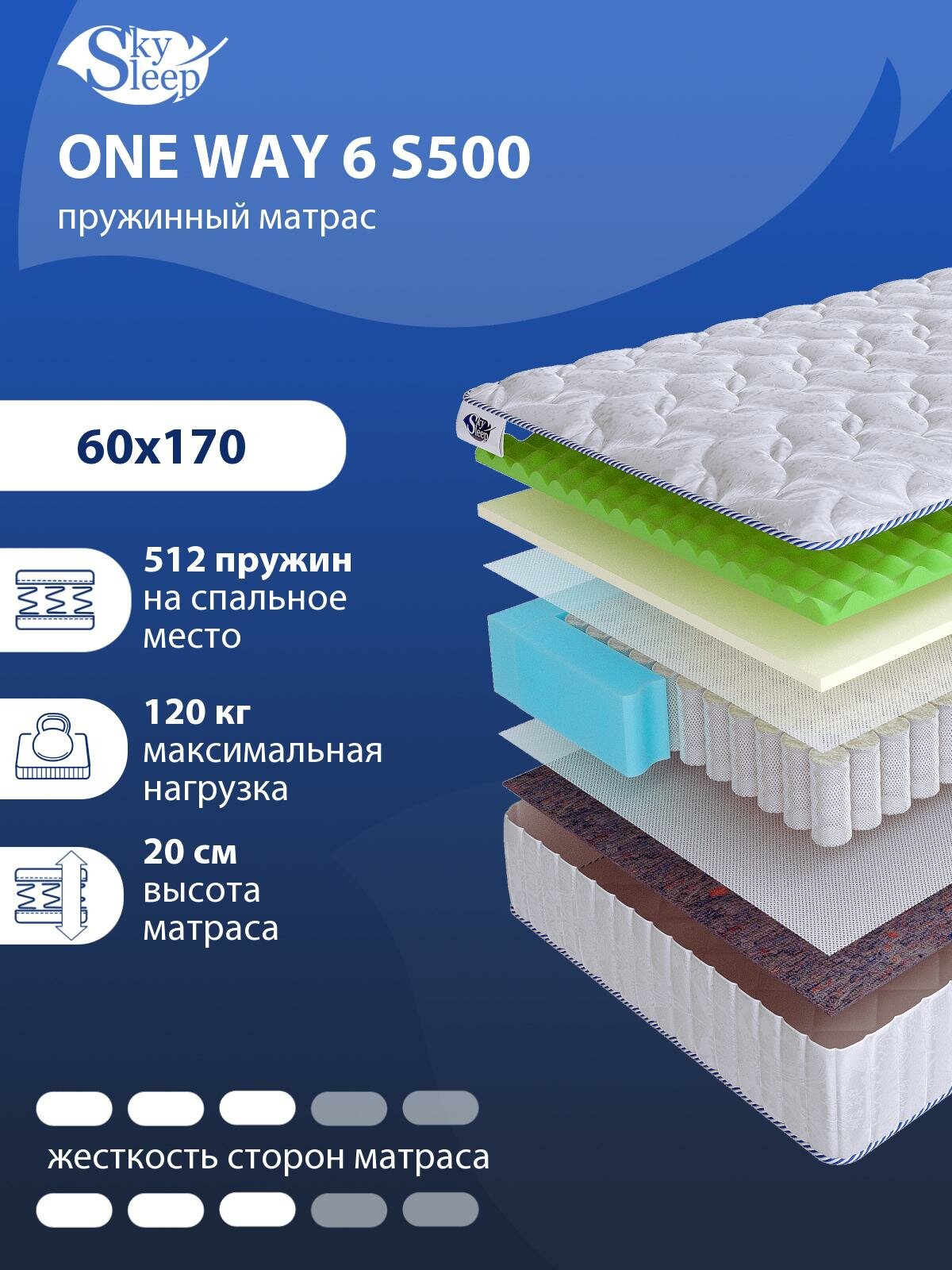 Односторонний ортопедический матрас SkySleep ONE WAY 6 S500 на кровать 60x170