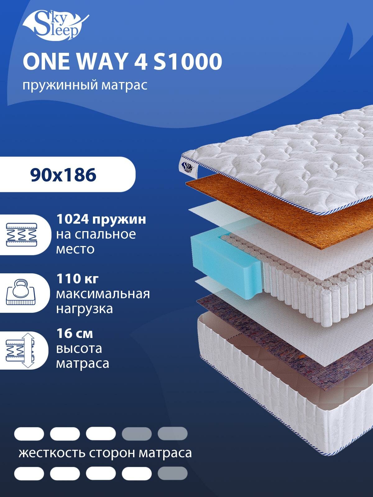 Односторонний ортопедический матрас SkySleep ONE WAY 4 S1000 на кровать 90x186