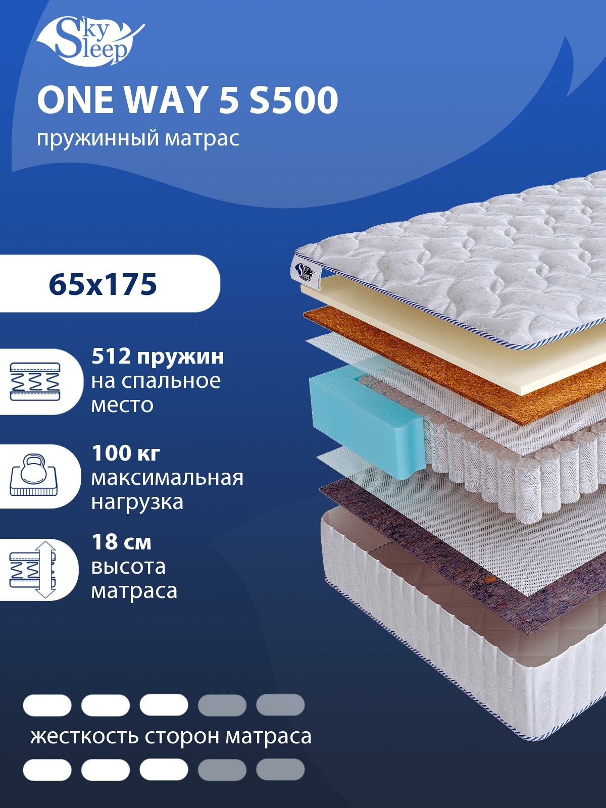 Односторонний ортопедический матрас SkySleep ONE WAY 5 S500 на кровать 65x175