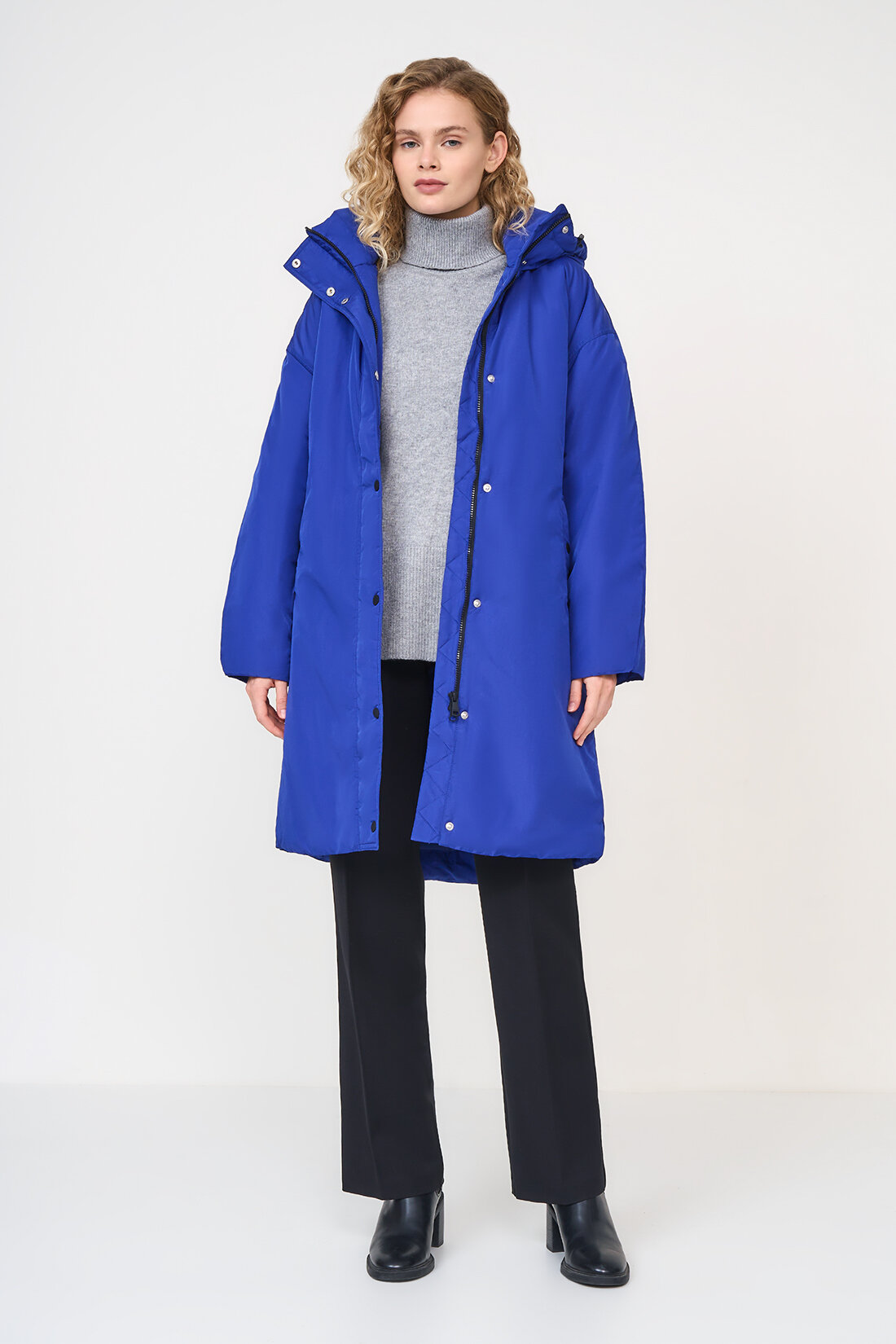 куртка Baon, демисезон/зима, удлиненная, силуэт прямой, капюшон, карманы, пояс/ремень, ветрозащитная, утепленная, манжеты, размер L, синий - фотография № 5