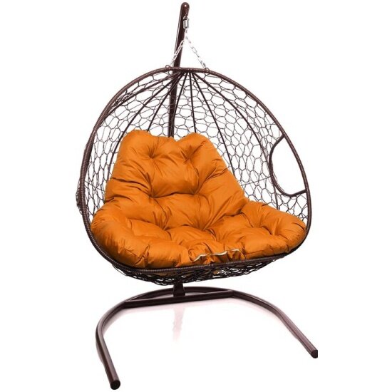 Подвесное кресло кокон двухместное M-group для двоих с ротангом коричневое+оранжевая подушка
