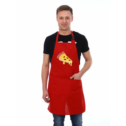 Фартук кухонный с вышивкой, лен (Пицца, красный)