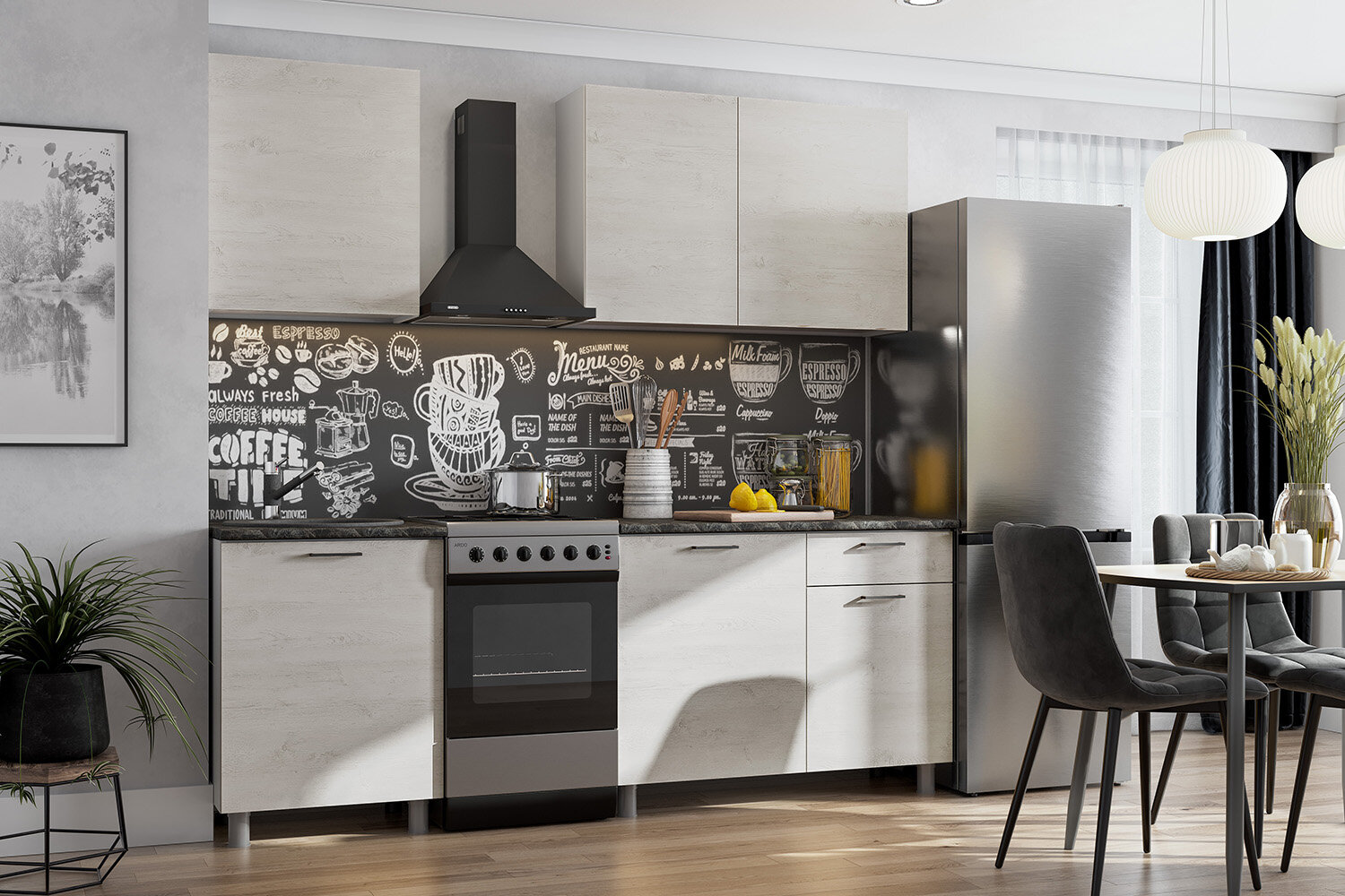 Кухонный гарнитур Hoff Лаванда, 170х214,2х60, цвет белый, сосна санторини светлый, чёрный матовый