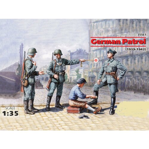 ICM Сборная модель Немецкий патруль (1939-1942) 4 фигуры -1 офицер, 2 солдата, 1 гражданский, 1/35 немецкие штурмпионеры 1939 1942 звезда