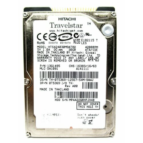 Жесткий диск Hitachi T5369 30Gb 4200 IDE 2,5 HDD жесткий диск hitachi 07n9015 30gb 4200 ide 2 5 hdd