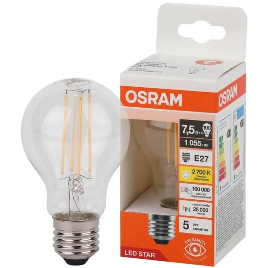 Светодиодная лампа Ledvance-osram Osram LED STAR CL A100 7,5W/827 230V FIL CL E27 10X1RU