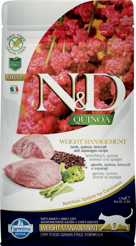 N&D Cat Quinoa с ягненком, брокколи и киноа для контроля веса беззерновой сухой корм для кошек 1,5кг