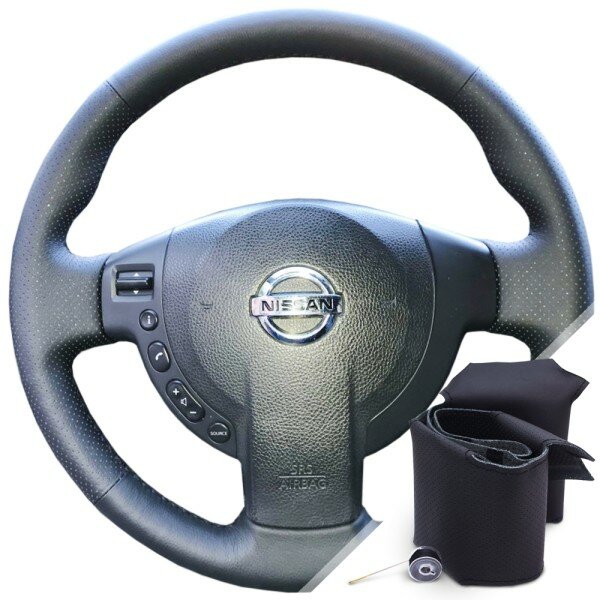 Оплетка на руль из натуральной кожи Nissan Qashqai I 2006-2013 г. в. (для руля без штатной кожи черная) #0336