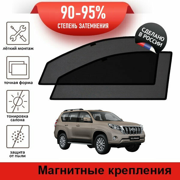 Каркасные шторки LATONIK PREMIUM на Toyota Land Cruiser Prado 150 рестайлинг (2013-2017) джип 5d на передние двери на магнитах с затемнением 90-95%