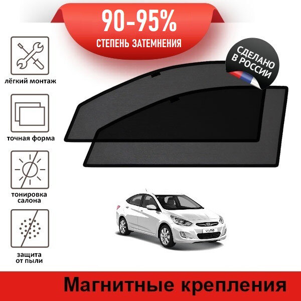 Каркасные шторки LATONIK PREMIUM на Hyundai Solaris 1 (2010-2014) седан на передние двери на магнитах с затемнением 90-95%