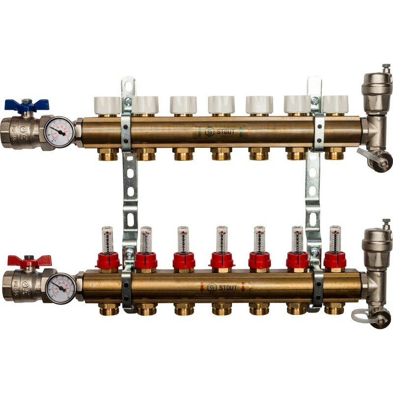 Коллекторная группа из латуни с расходомерами 7 выходов STOUT (SMB 0473 000007)