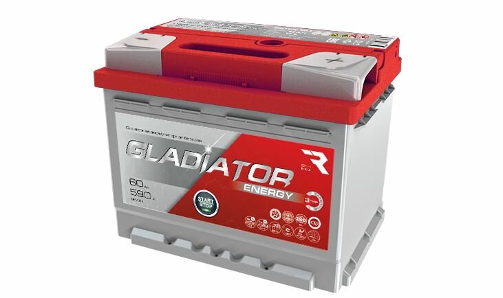 Аккумулятор автомобильный GLADIATOR Energy 60 А. ч. 590А обратная полярность 242x175x190