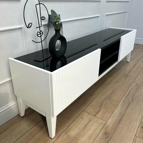 Тумба под телевизор в эмали, Malevich тумбочка длинная ТВ белая напольная с ящиками в гостиную для спальни, 160х37х46 см