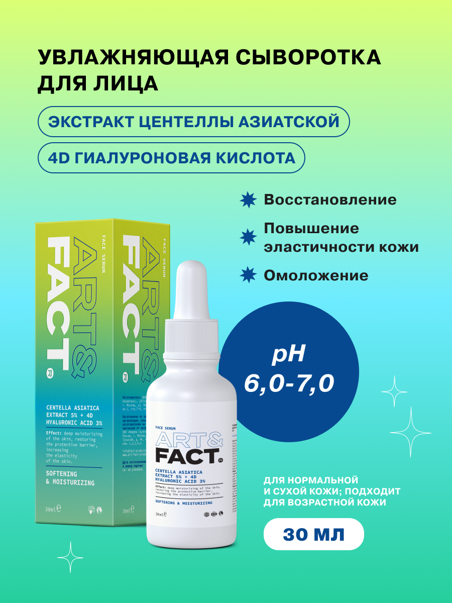 ART&FACT. /Увлажняющая сыворотка для лица с экстрактом центеллы азиатской 5% и 4D гиалуроновой кислотой 3%, 30 мл