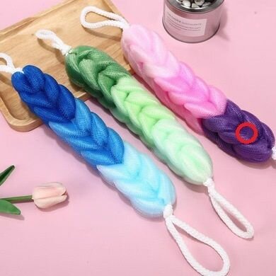 фото Мочалка для тела полипропиленовая "Косичка-Премиум", цвет сиренево/фиолетовый, 31х5см, 60грамм, Zip пакет