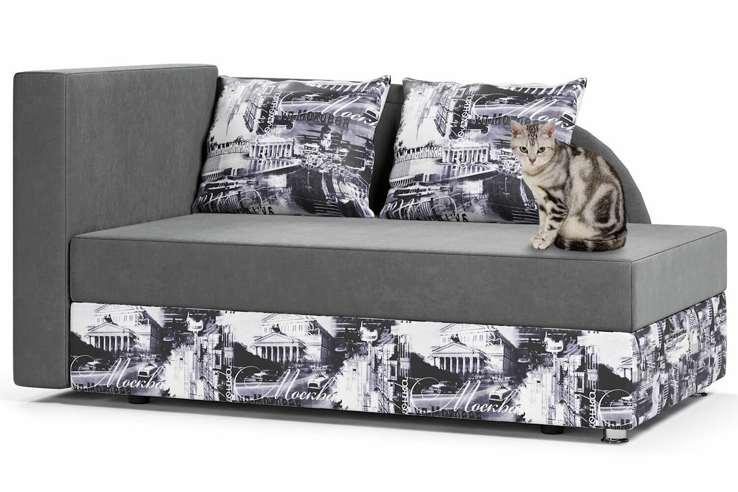 фото Софа Малютка выкатной механизм, велюр серый, принт Москва, подлокотник слева