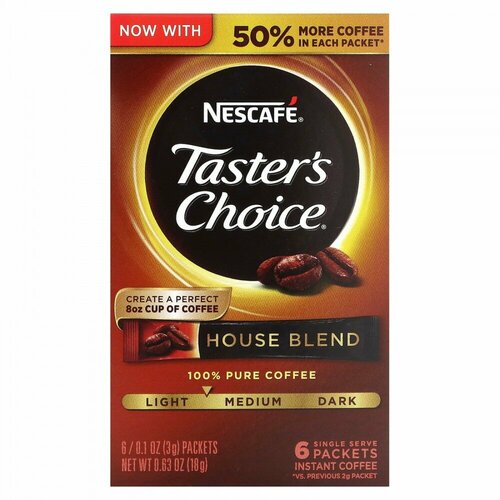 Nescafé, Taster' s Choice, Instant Coffee, House Blend, Light/Medium, 6 Packets, 0.1 oz (3 g) Each