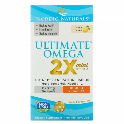 Nordic Naturals, Ultimate Omega 2X с витамином D3, лимон, 60 мягких мини-таблеток