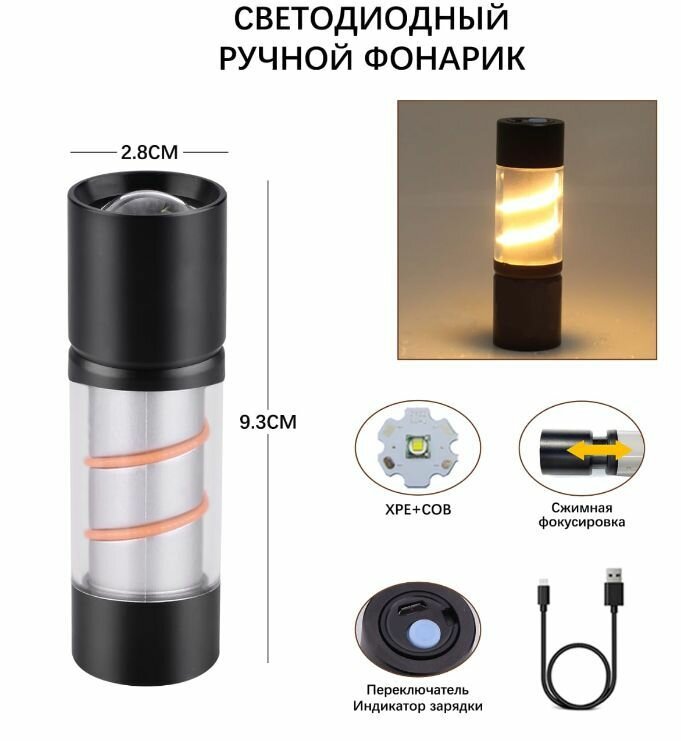 Фонарь ручной аккумулятором с зарядкой от USB с зумом №5149