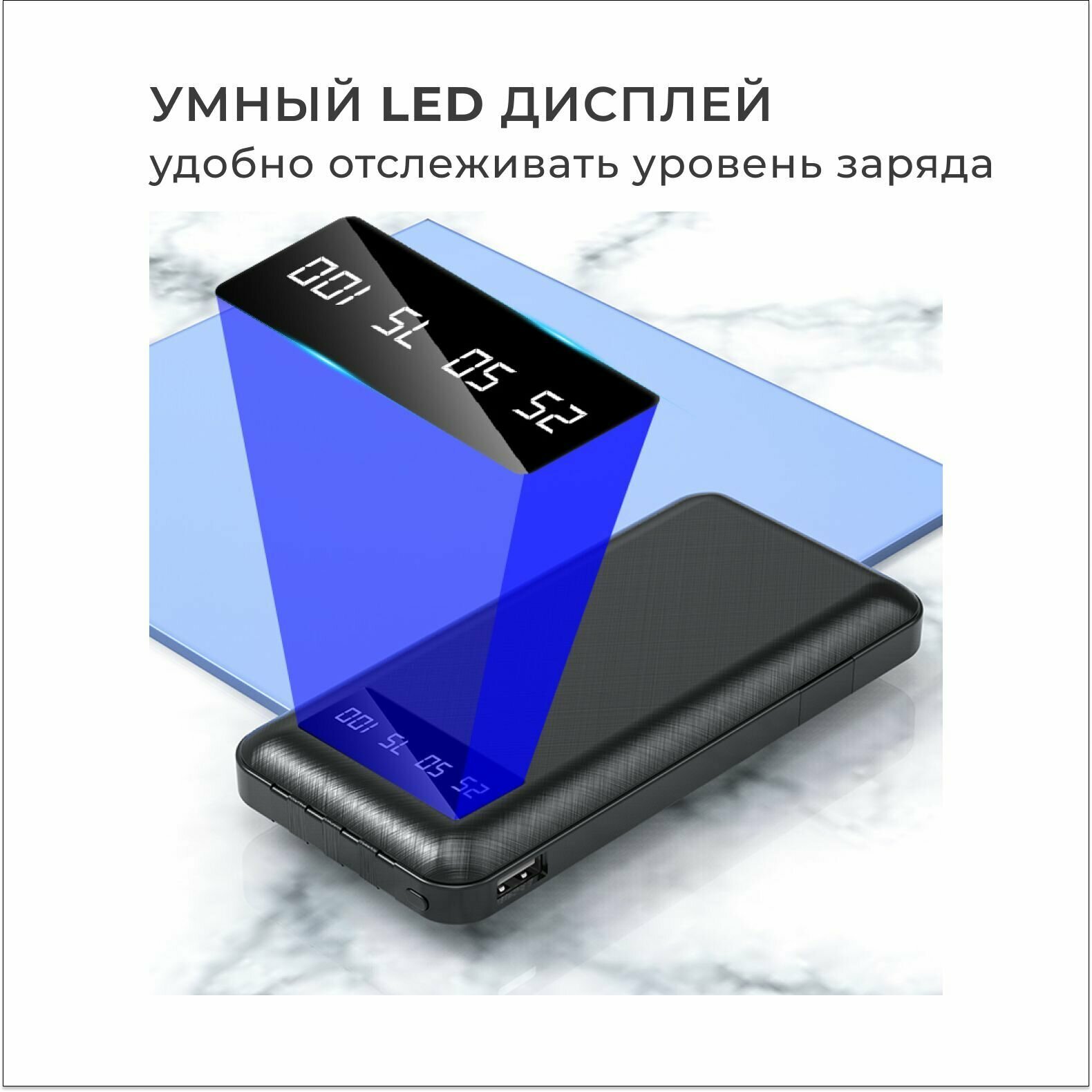 Портативный аккумулятор, повербанк 10 000 mAh, внешний аккумулятор со встроенными кабелями USB, Type-c, lightning, micro-usb