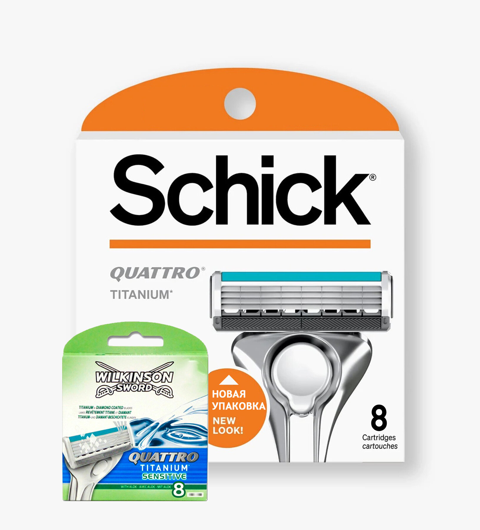 SCHICK / Wilkinson sword QUATTRO Titanium & Diamond, Сменные кассеты 8 шт (Новый дизайн)