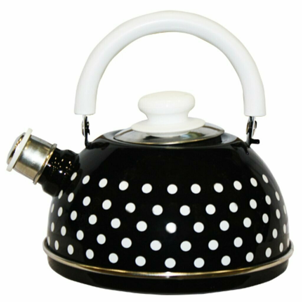 фото Чайник сталь, эмалированное покрытие, 2.5 л, со свистком, подвижная ручка, Рубин, Малый белый горох, черный, TMM04/25/02/27/H03