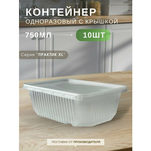 фото Контейнеры одноразовые с крышкой "каштан практик xl профи" прозрачные 750 мл, набор контейнеров 10 шт