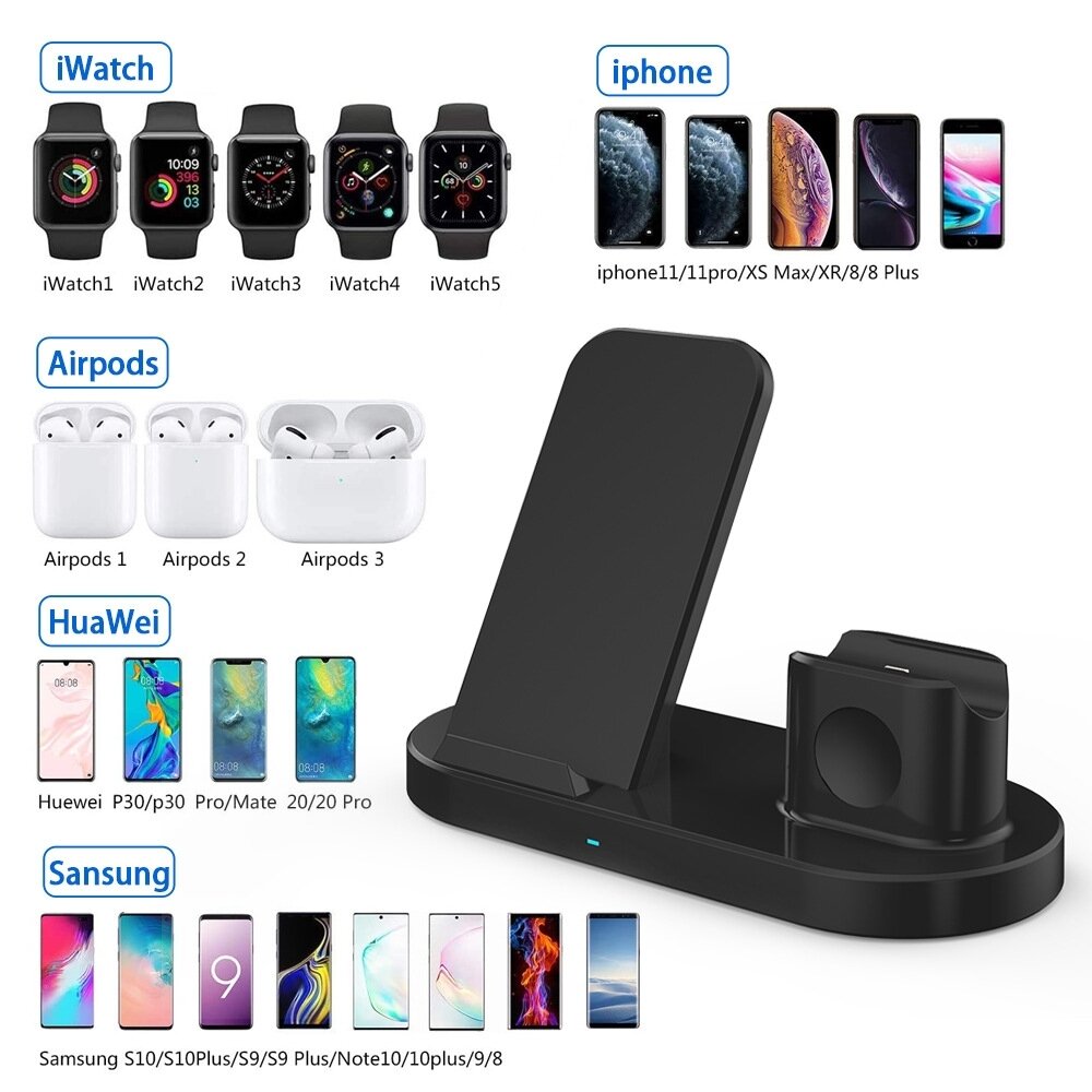 Зарядная станция 3в1 Multi-Function "Fast Charge" 3-in-1 для iPhone Applewatch Airpods (прямоугольная подставка)