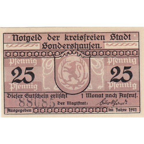 Германия (Веймарская Республика) Зондерсхаузен 25 пфеннигов 1921 г. (Вид 2) (2) германия веймарская республика зондерсхаузен 25 пфеннигов 1921 г 2