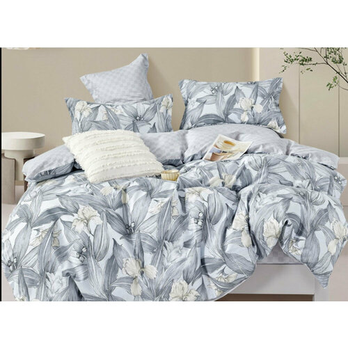 2 спальное постельное белье сатин двустороннее серое с цветами