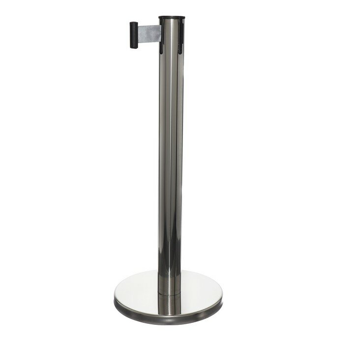 фото Стойка ограждения сер с вытяжной лентой-470см серой, высота-90см, d-11см, напольный d-35см