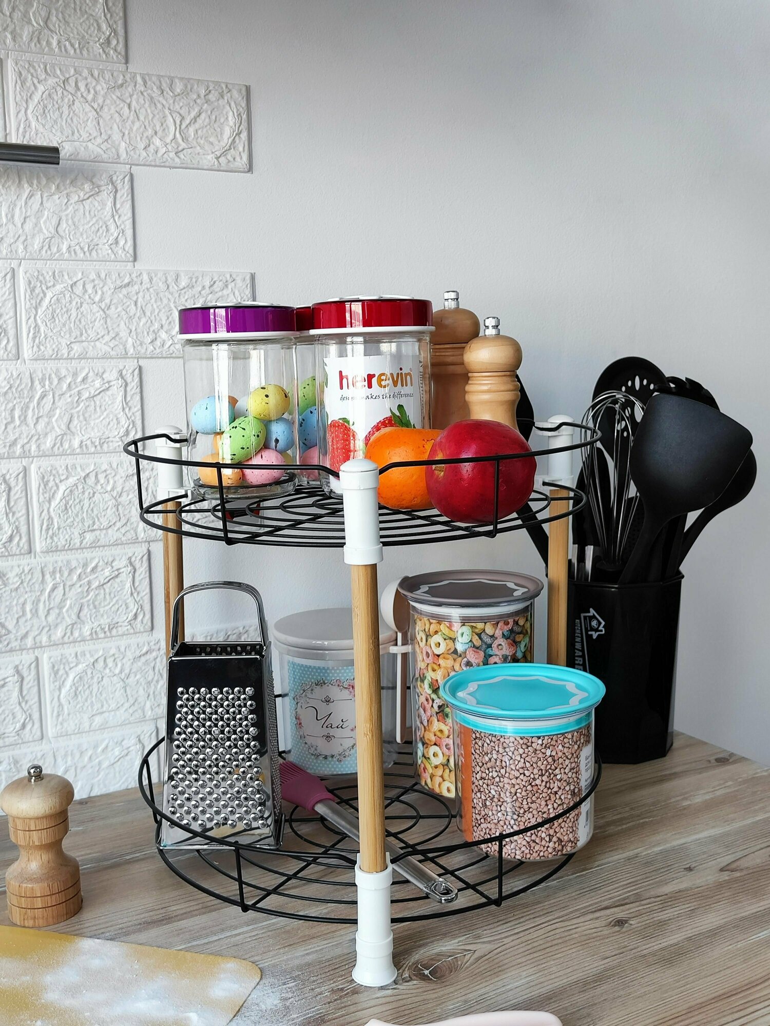 фото Полка этажерка настольная двухъярусная круглая для ванной и кухни