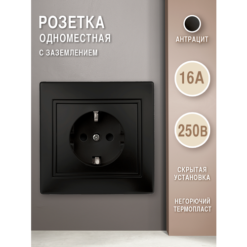 Розетка Intro Plano с заземлением 2P+E Schuko, 16А-250В, IP20, СУ, антрацит