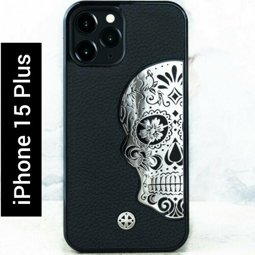 защитный чехол skull Чехол iPhone 15 Plus / Mexican Katrina's Skull Leather Black - Euphoria HM Premium - череп