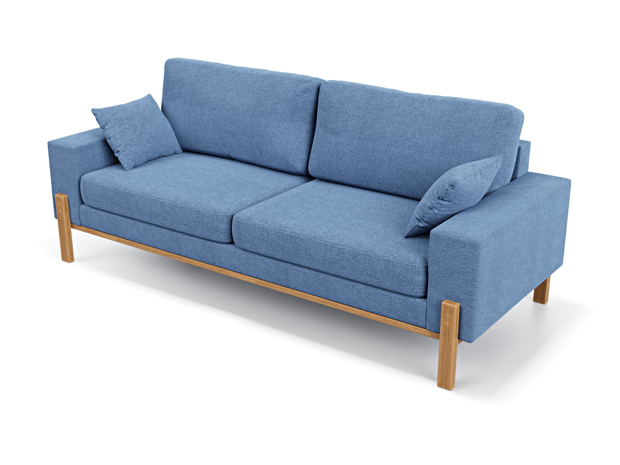 Прямой дизайнерский диван Soft Element Хангель, трехместный, массив дерева, рогожка, синий, стиль скандинавский лофт, в гостиную, на дачу