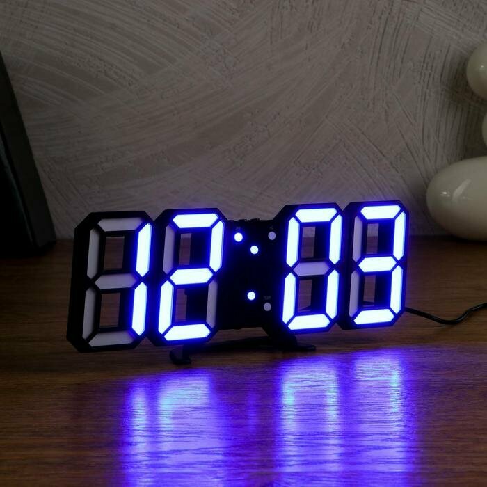 Часы-будильник электронные "Цифры", цифры синие, с термометром, черные, 23х9.5х3 см 3244775