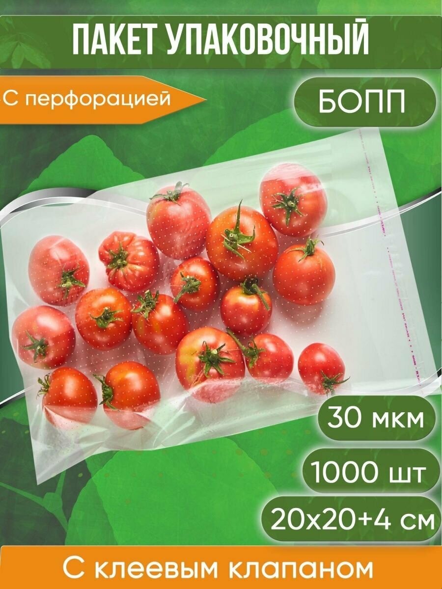 Пакет упаковочный бопп с клеевым клапаном, с перфорацией, 20х20+4 см, 30 мкм, 1000 шт.