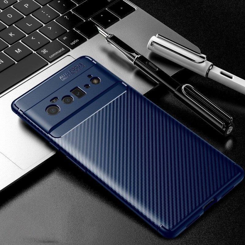 фото Чехол панель-бампер MyPads из силикона для Google Pixel 6 Pro с матовой отделкой «под карбон» синяя