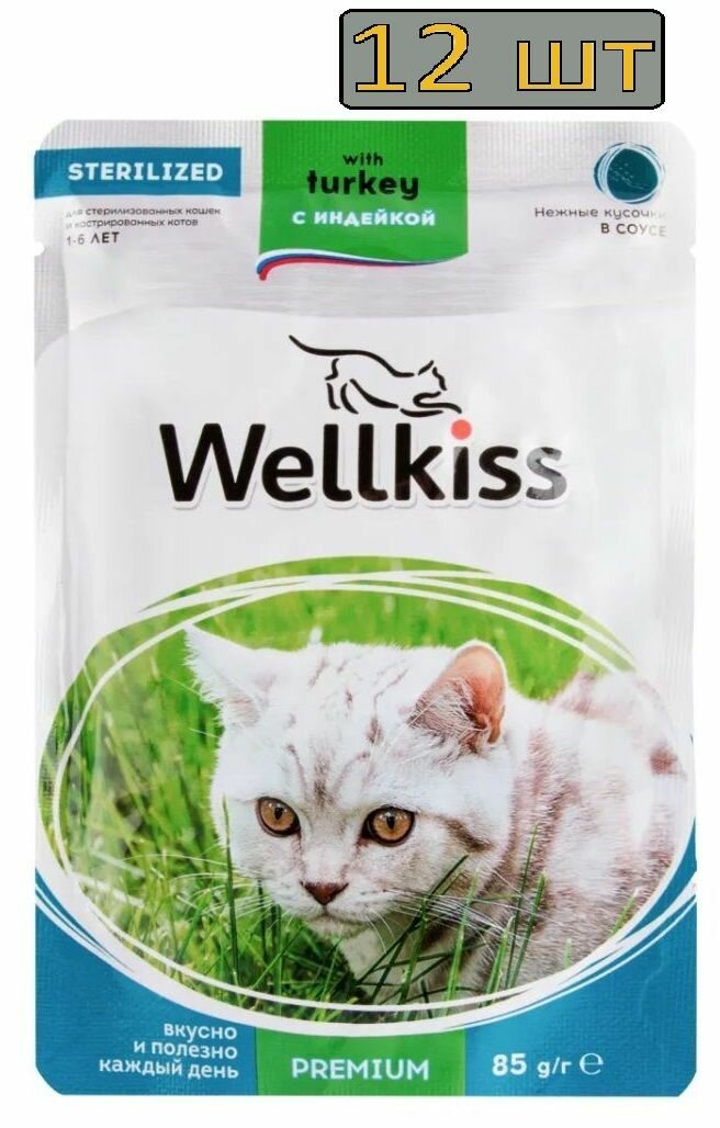 12 штук Wellkiss Sterilized Влажный корм (пауч) для стерилизованных кошек, кусочки с индейкой в соусе, 85 гр