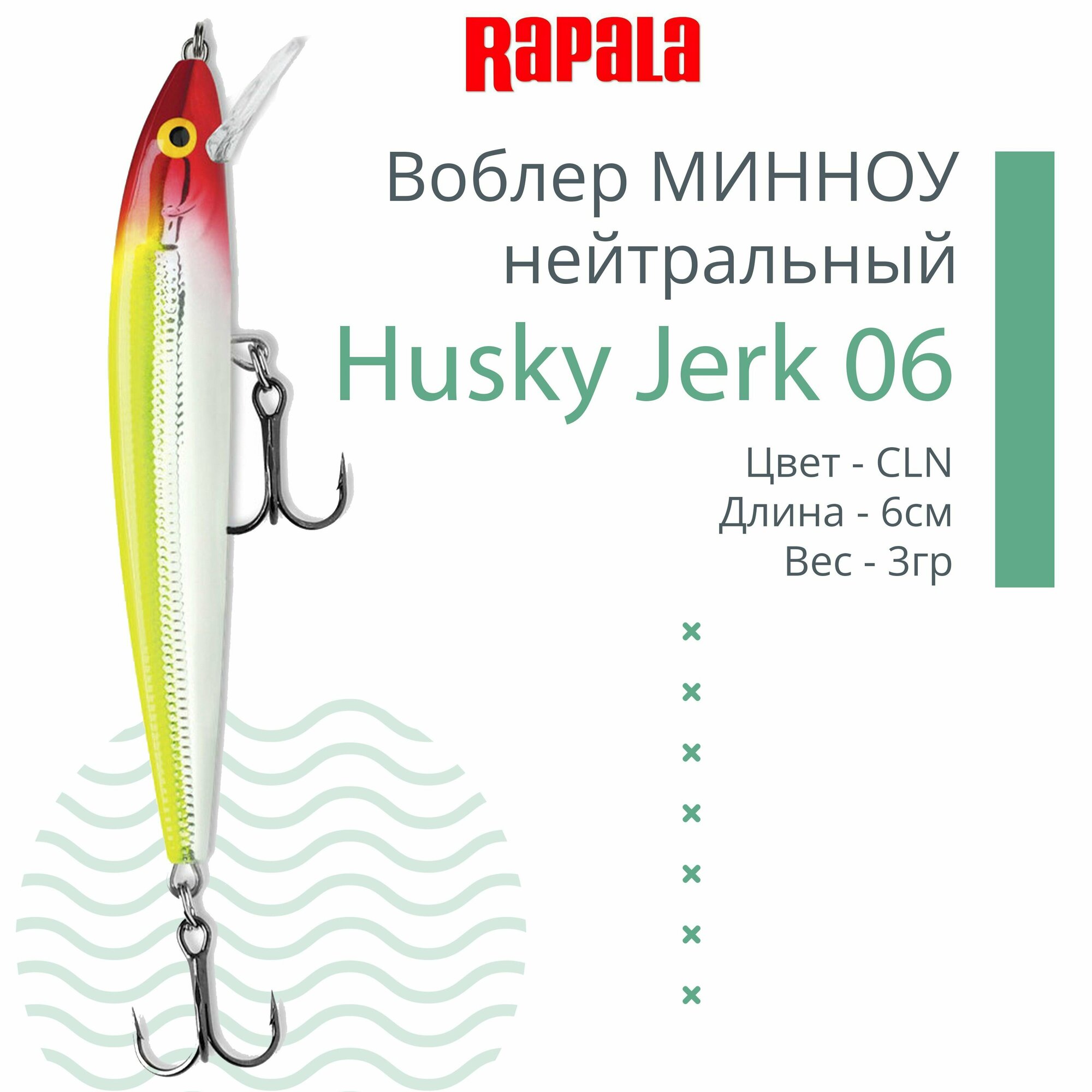 Воблер для рыбалки RAPALA Husky Jerk 06, 6см, 3гр, цвет CLN, нейтральный