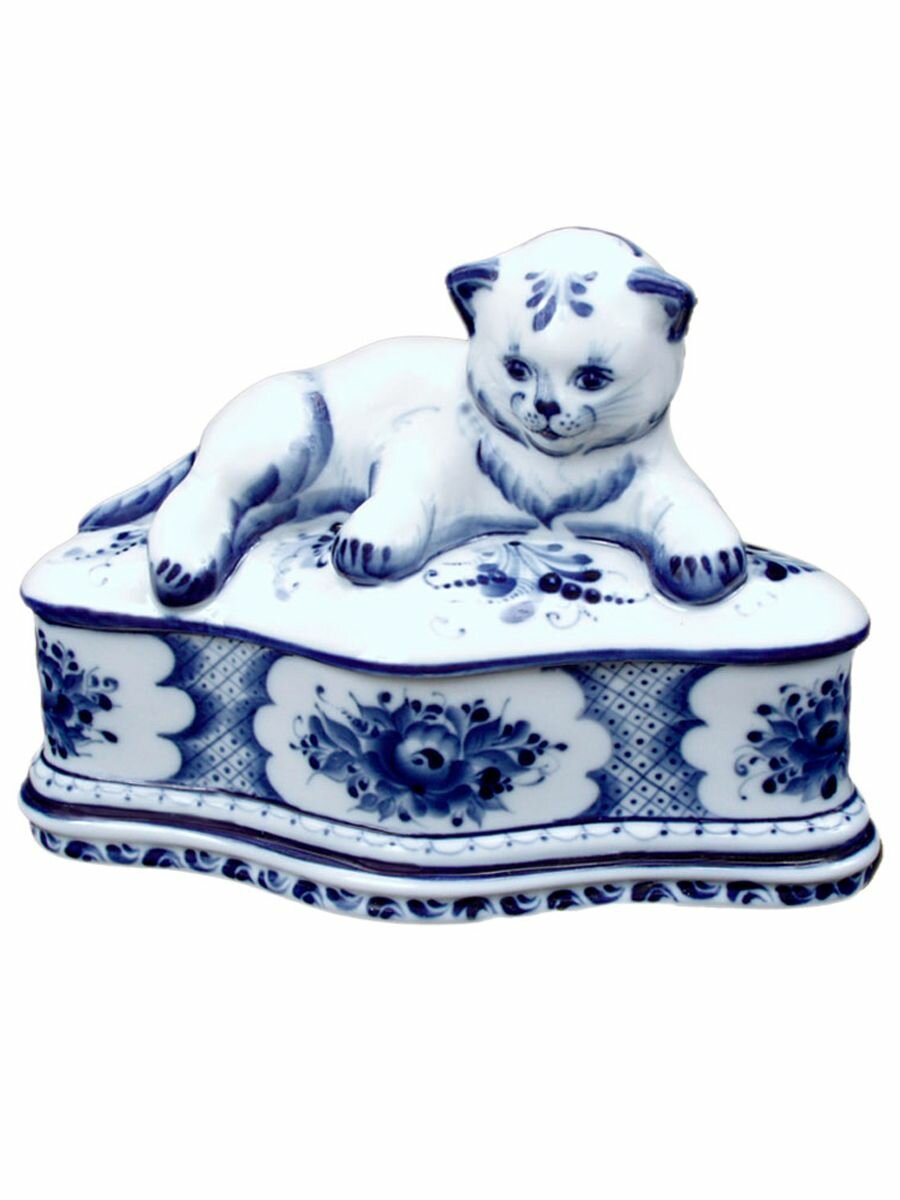 фото Шкатулка "Котёнок". Галактика г. Гжель. Фарфор. Высота 13.5 см.
